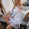 Cover Up With Fringe Trim Women Sexy Hollow Tunic Beach Dress Summer Bathing Suit Beachwear