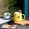 Mugs Creative Cartoon Bee Mug Ceramic With High Face Value Coffee Cup Lid Milk Cups Thermo To Carry Drinkware