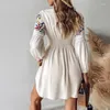 Casual Dresses 2024 Spring Printed Embroidered Short Dress Lady V-neck Lace Patchwork Beach Long Sleeved High Waist Pleated