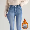 Dames jeans vrouwen thermische winter sneeuw warm pluche stretch dame dame dikke studenten denim broek fleece mom bont tr