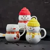 Mugs Cute Christmas Snowman Ceramic Mug Creative Cartoon Water Cup With Lid Household Porcelain Coffee Xtmas Gift For Children