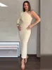 MIDI Kleid mit asymmetrischem Ausschnitt und langärmelige Frauen Seitenfalten versteckt Reißverschluss Rückenschlitz Vestidos Elegante schicke solide Roben 240319