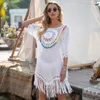 Cover Up With Fringe Trim Women Sexy Hollow Tunic Beach Dress Summer Bathing Suit Beachwear