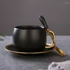 Cups Saucers Nordic Luxury Matte Black Gold Champagne Ceramic Espresso Coffee Cup And Saucer Spoon Set 280Ml