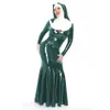 Sissy Shiny PVC Leather Sexy Nun Uniform Deep V Neck Long Ruffle Nun Dress With Headscarf Funny Cosplay Costume Party Club S-7XL 240325