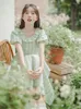 Feestjurken mori groene plaid zoete retro dames ruche kraag schattige chique puff mouw jurk dame zomer elegante vintage vestido casual