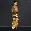 Casual jurken sexy een schouder pu lederen bodycon midi jurk dames elegante solide backless nachtclub avond metallic outfit vestidos