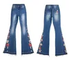 Jeans femininos Flor bordada magra para mulheres calças de perna larga jeans retro