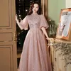 Party Dresses Glitter Pink Evening Puffy Short Sleeve Elegant A-Line golvlängd Crystal Sequined Lace Tulle Women Engagement