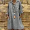 Robes décontractées Collier de robe 3/4 Boho Boho's Butt-Down Button Pocket Solide Pocket for Work Office Women