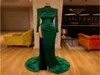 2022 Emerald Green Arabic Evening Dresses Long Sleeves High Slit Sexy Prom Party Dress Chic Beading Mermaid Formal Gowns Dubai Lad9629869
