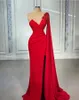 Röd elegant en axelpärlblommor sjöjungfru aftonklänningar Applique långärmad dubai arabisk sexig v hals hög sida split lång prom klänning