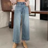 Jeans femininos Pequena perna reta de primavera na cintura alta pendurando nove pontos de largura de largura