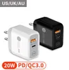 20W Snabb laddare Power Adapter QC 30 PD Typ C Travel Charge USB Wall Chargers EU US UK Plug för Samsung LG Huawei Android Phone4384215