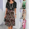 Casual Dresses Elegant Women Dress Flower Print Gradient Color Matching Loose A-line Short Sleeve Knee Length Midi Vestidos