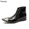 Boots Style Metal Pointed Toe Men Leather Ankle Side Soe Up and Zipper Male Black High Top Ballroom Party Short Shoes