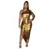 Casual jurken sexy een schouder pu lederen bodycon midi jurk dames elegante solide backless nachtclub avond metallic outfit vestidos