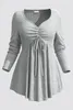Плюс размер блузки женщины мода серая ребра в трикотаж школьник v шея с длинным рукавом офисные рабочие женские рубашки повседневные блузки 240329