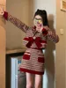 Work Dresses Temperament Bow Coat Wrap Hip Skirt Two Piece Set Women Fashion Splice Polo Neck Contrast Celebrity Plaid Christmas Winter Suit