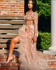 Rose Gold Mermaid Prom Dresses African Black Girls Sexig rygglös en axel delad aftonklänningar med asymmetriska ruffles kjolar BC18549