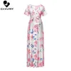 Chivry Maternity Dres Floral Print Short Sleeve Vneck Maxi Long Dress Pregnant Casual Clothes Summer 240326