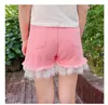 Women's Jeans 2024 Summer Korean Style Short Pants Lace Super Fairy Pink A- Line High Waist Denim Straight Shorts