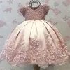 Abiti gioiello a maniche corte rosa Abito da ballo perle Appliques Lunghezza da pavimento in pizzo Bellissimo vestito da sposa a base di spicco carino abito da ragazza