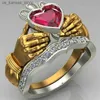Cluster Rings 2PCS/Set Classic Metal Clada Gold Plated Two tone Artisan Set Red Zircon Ring Boutique Womens Romantic Travel Ring240408