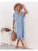 Solid Color Womens Casual Loose Denim Short Sleeved Long Slit Shirt Dress with Shoulder Sleeves and Button Up 240408