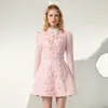 Casual Dresses Lapel midja tätt långärmad rosa klänning Elegant socialit temperament pärlstav blomma höst vinter högt botten