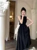 Casual jurken Frans lieve meid Vintage Black O-Neck Mouwloze Fairy Dress Dames Spring Hollow Open Open Back Lange vrouwelijke kleren