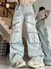 Frauen Jeans Aotvotee Cargo Hosen Frauen Tasche Vintage Lose Mode Casual Straight Taille Jean Wathet Blue Solidhose 2024