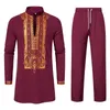 Men's Tracksuits Suits Kaftan Outfits Round Neck Striped Print Long-Sleeve African Ethnic Style Sets Traditional Clothing