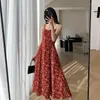 Casual Dresses Red Floral Dress for Women Party French Vintage Retro Lady Club Midi Sexig Split Backless Summer 2024 kläder