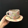 Tazas hermosas tazas de forma irregular hechas a mano con platillos de cerámica pintada a mano tulipan tulipan copa de flores juego para regalos de té de café