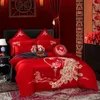 Bedding Sets Egyptian Cotton Set Luxury Gold Peony Phoenix Embroidery Red Chinese Wedding Duvet Cover Bed Sheet Pillowcase