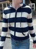 Women's Knits Navy Stripes Slim Sweater Cardigan Autumn Drawstring Hooded Long Sleeve Coat 2024 Y2k Vintage Casual Fashion Cotton Sweaters