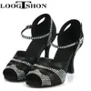 Dansskor Loogtshon Latin Women Dancing Classic Rhinestone Roman Heel Cone Professional Heels