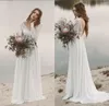 Abiti da sposa in campagna sulla spiaggia Aline Chiffon Lace Vneck con maniche lunghe Illusione corpetto da sposa drappeggiato senza schienale 9350305