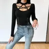 T-shirts de femmes T-shirts lidacles noirs sexy Femmes Femmes Gothic Punk Star Hollow Out Bodycon Lace Up Femme Crops Tops Tees Spring 2024