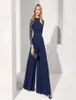 Dark Navy Lace Jumpsuit Long Sleeves Evening Dresses Jewel Neck Beaded Prom Gowns Floor Length Chiffon Formal Dress8184948