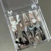 Handgjorda y2k punkstil lång kista falska naglar tips glitter tryck på återanvändbar kort falsk nagel med limgåva 240328