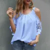 Chemises de chemisiers pour femmes o couches de cou tops sur l'épaule des manches de dentelle creuse Blouse d'été de couleur pure pure sexy