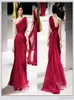 2020 Evening Gowns Long Red Evening Celebrity Dresses Lace Applique One Shoulder Backless Pleat Chiffon Sequins Runaway Dress Form6391922