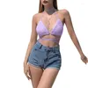 Women's Tanks Women Crop Tops Rivet Decorative Lacing Halter Neck Sleeveless Backless Fluffy Tank For Girls White Purple