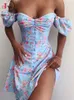 Bezpoślizgowa kobiety letnia sukienka seksowna V Neck Floral Print Boho Beach sukienka podzielona z ramienia Mini Sundress Robe S ~ 3xl 240325