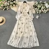 Casual Dresses Elegant Women Chiffon Deep V-Neck Lantern Sleeve Slim A-Line Prom Vestidos Sequins Star Print Frocks S-3XL