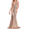 Kvinnors Deep V-Neck Halter Maxi Backless Bodycon Mermaid Gold Sequin Evening Party Dresses