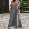 Vestidos casuais saia boêmia leve elegante V Vestido maxi de pescoço com bolsos para mulheres A-line Bainha solta Mangas curtas Férias apertadas