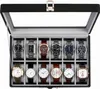 Guka Watch Box 12 Slot Watch Case med stort riktigt glas lock Watch Organizer med avtagbar klockkudde svart syntetisk läderklocka